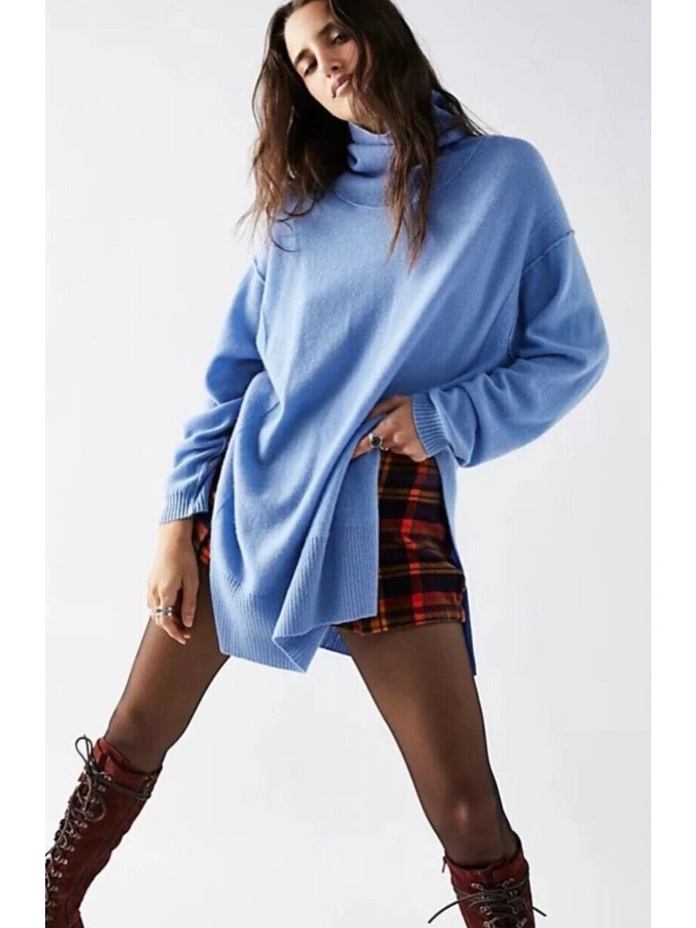 Free People JESSIE 100% Cashmere Turtleneck Sweater Tunic Blue Mist XS NWOT $268